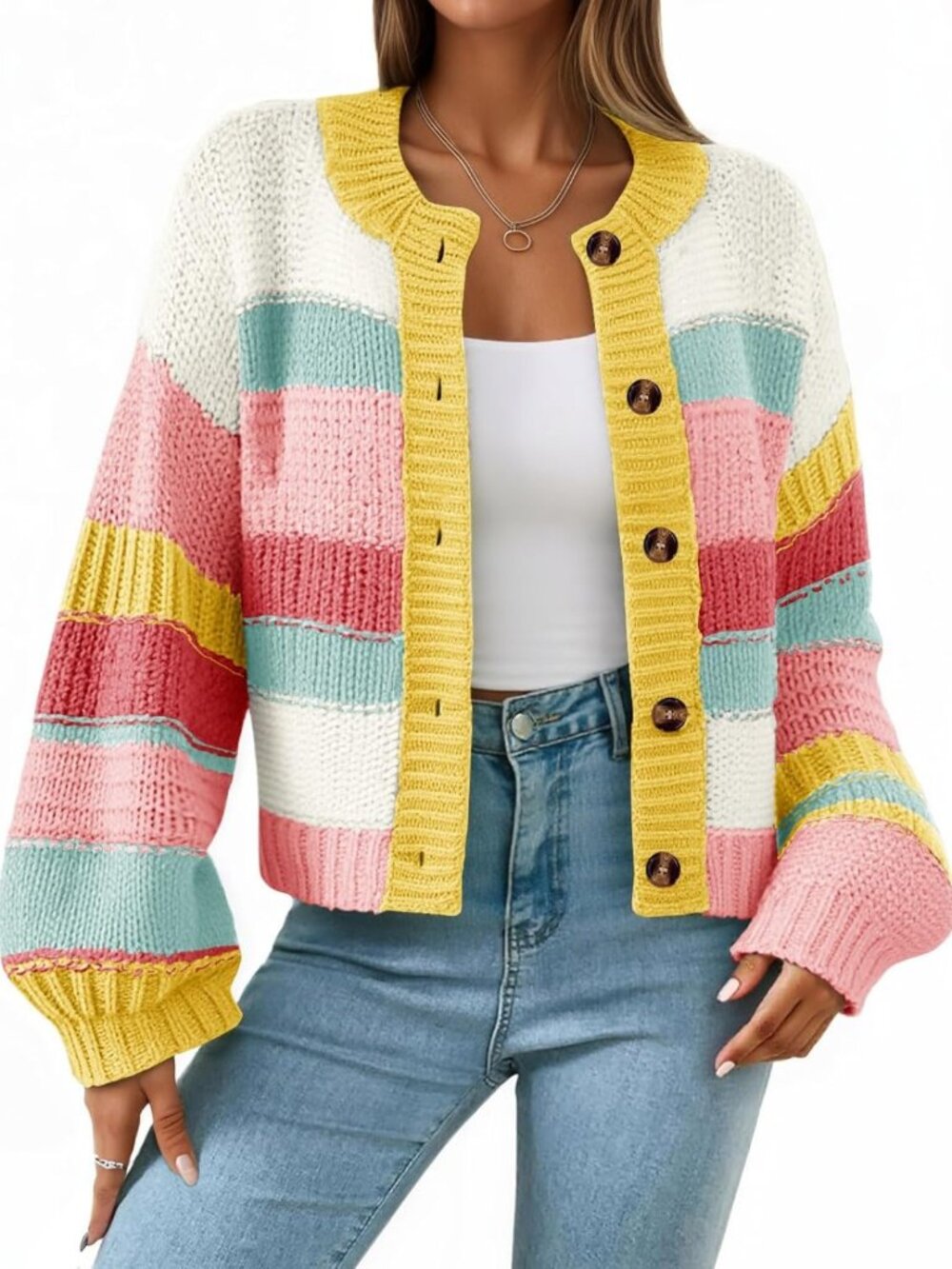 Trendy Oversized Striped Cardigan Sweater | Color Block, Lantern Sleeve, Fall